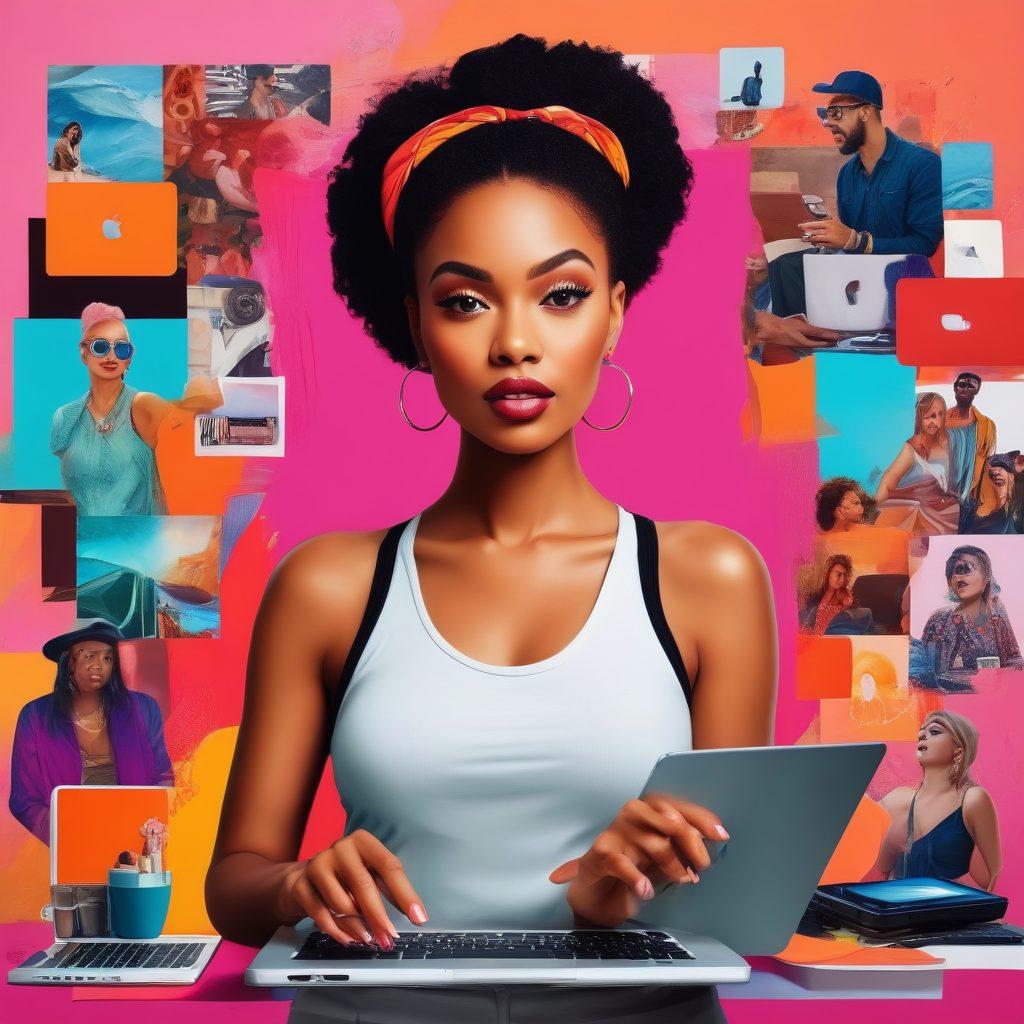 A stylized collage representing the adult entertainment blogging landscape, featuring a diverse group of bloggers sharing tips and interacting in a vibrant, modern setting. Include elements like laptops, social media icons, and bold, colorful visuals that evoke a sense of empowerment and creativity in lifestyle blogging. The scene should be dynamic and inviting, capturing the essence of community and expression. vibrant colors. digital art. modern aesthetic.
