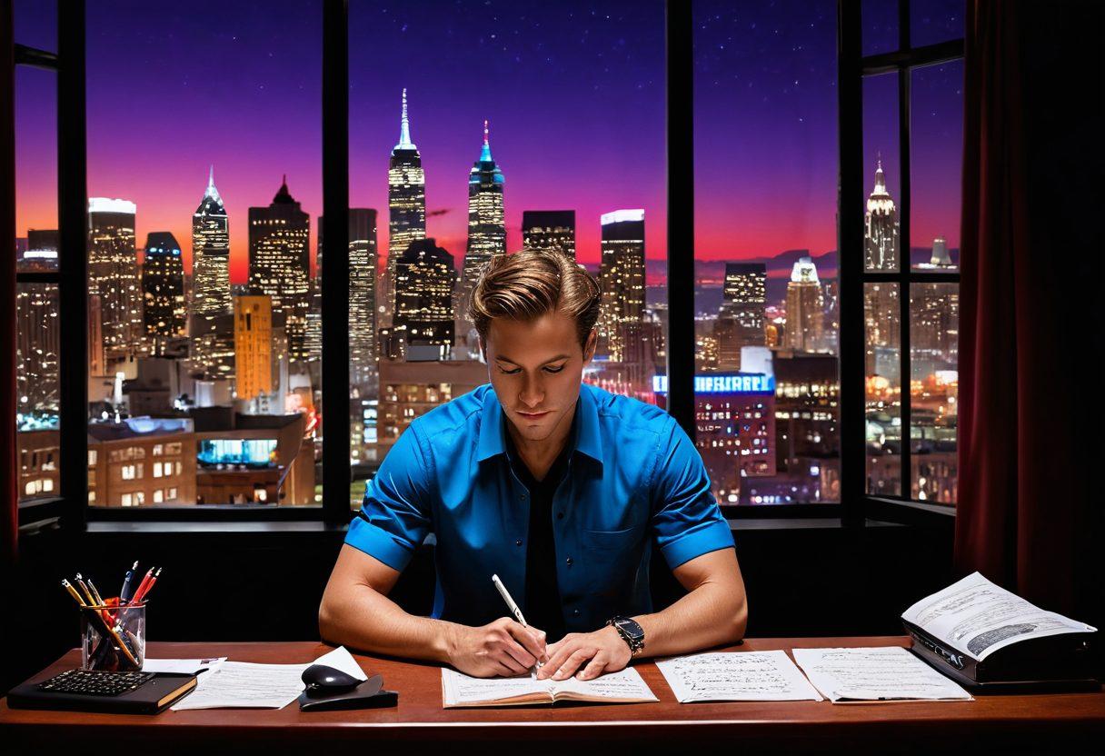 A vibrant scene featuring a confident solo adult performer in an intimate stage setting, surrounded by scripts and writing tools symbolizing creativity. The backdrop should include soft lighting to evoke a sense of passion, with a hint of a bustling city skyline visible through a window, representing opportunity. Elements like a laptop and personal notes scattered around to reflect the journey from passion to profit. Art style: super-realistic. vibrant colors. theatrical atmosphere.