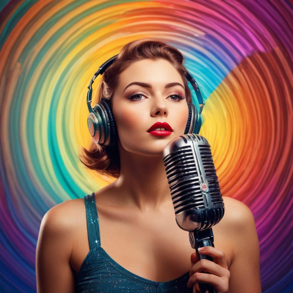 A captivating scene showcasing a confident solo adult performer, surrounded by colorful sound waves radiating from a vintage microphone, symbolizing the power of self-expression. The background features subtle imagery of digital platforms and community, reflecting niche blogging. Warm and inviting colors add vibrancy to the atmosphere, suggesting creativity and freedom. super-realistic. vibrant colors. dynamic composition.